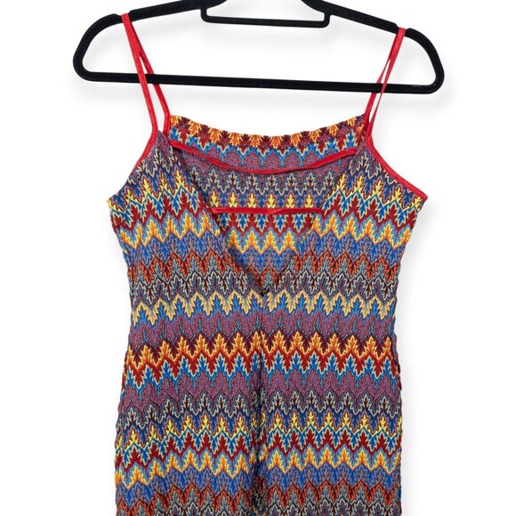Vintage Y2K Eye Candy Zigzag Multicolor Knit Midi Dress With Red Spaghetti Strap - Picture 5 of 11